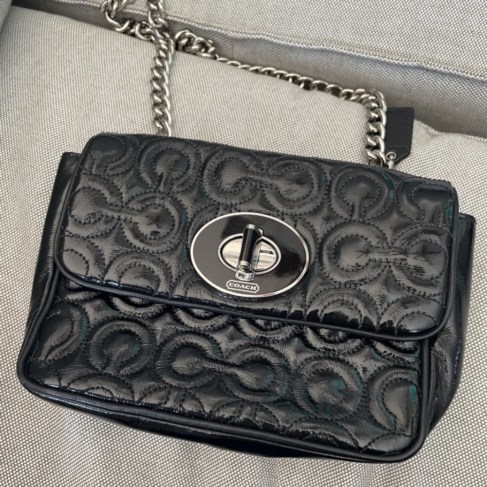 COACH Patent Leather Shoulder Bag Chain Handle, Black, quilted